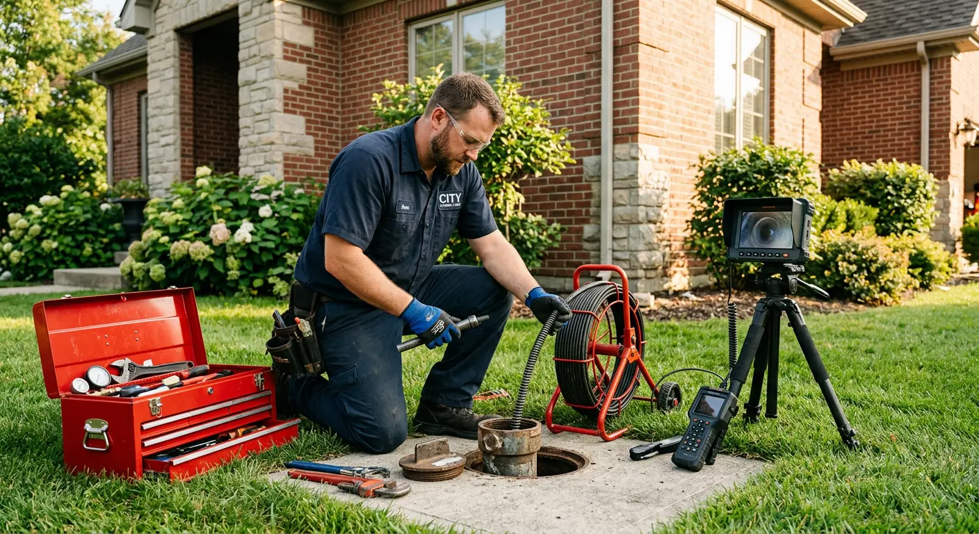 Sewer specialist with camera equipment servicing a cleanout in Bushkill