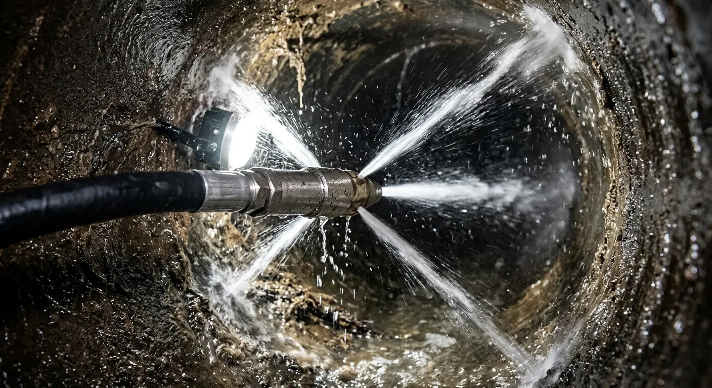 High-pressure hydro jetting nozzle cleaning sewer pipe for Sewer Cleanout in Bushkill