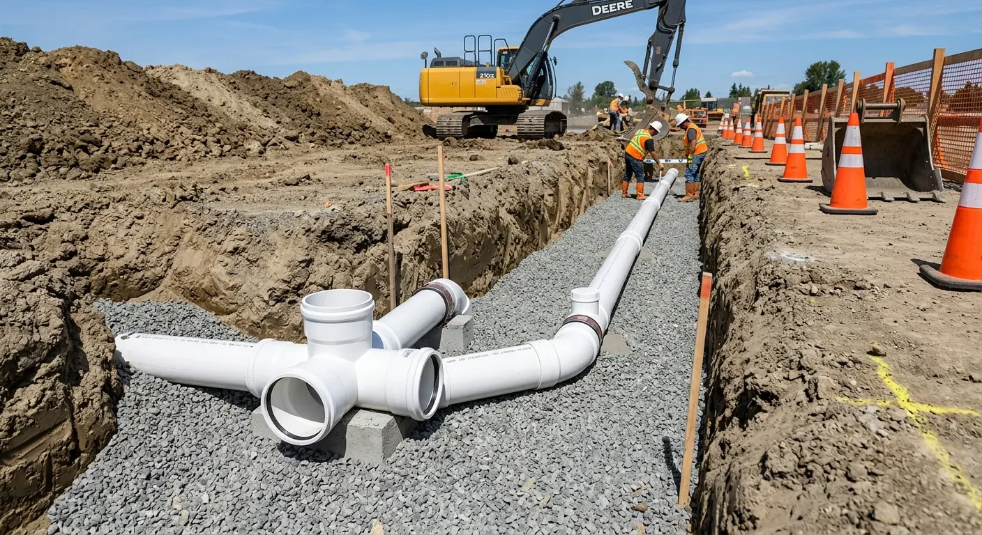 New PVC sewer pipe installation in open trench for Commercial Drain Cleaning in Bushkill