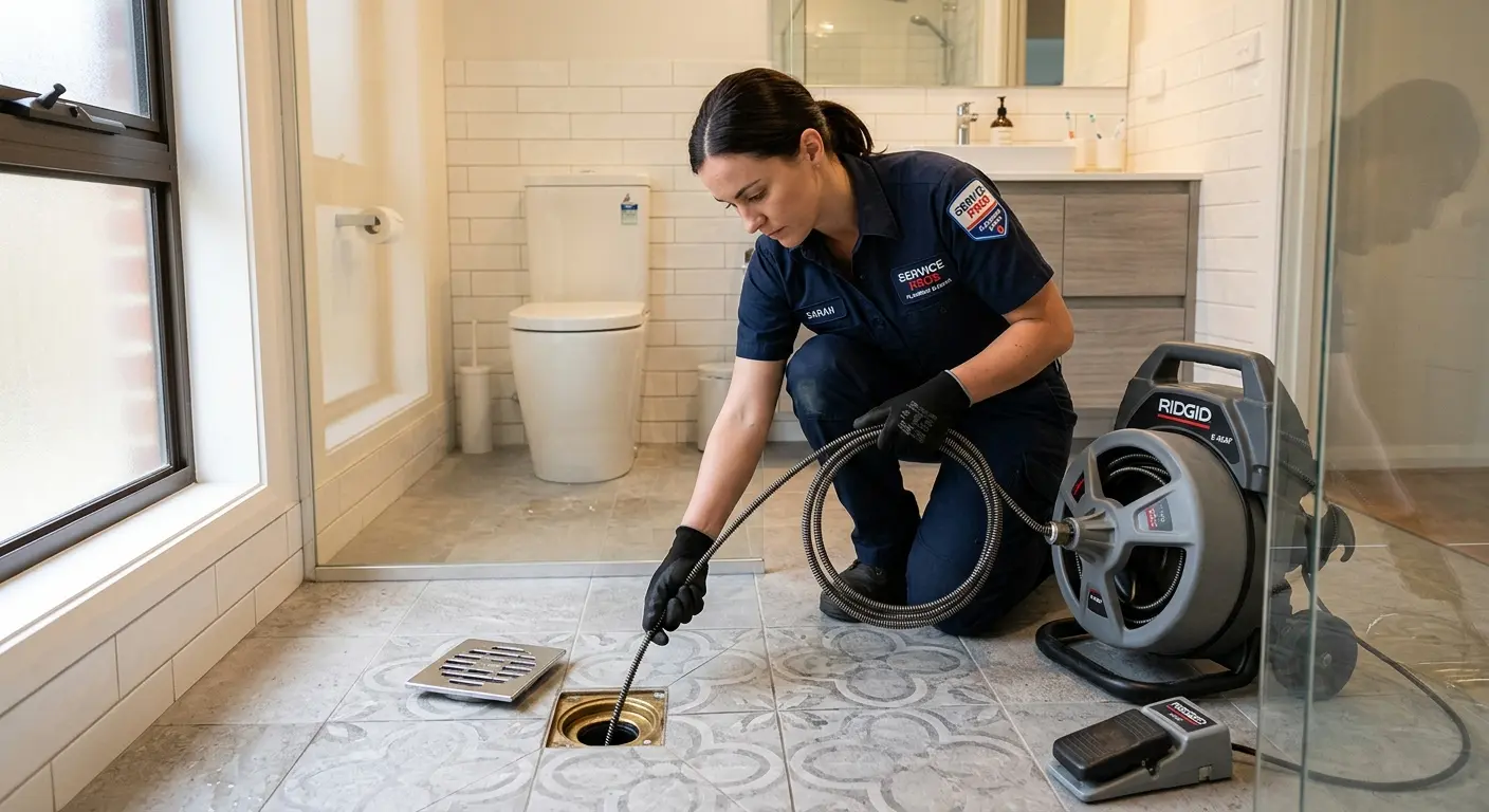 Technician clearing a bathroom floor drain for Drain Repair in Bushkill